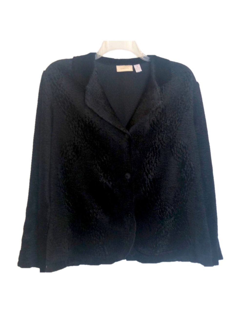 CHICOS Sz 3 Elegant Black Women's Cardigan Jacket PREWORN Pit to Pit 23 1/2"